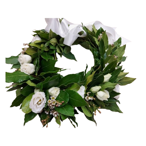 corona di alloro Corona alloro fiori bianchi